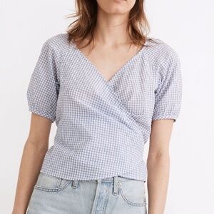 Madewell | Gingham Seersucker Puff-Sleeve Wrap Crop Top